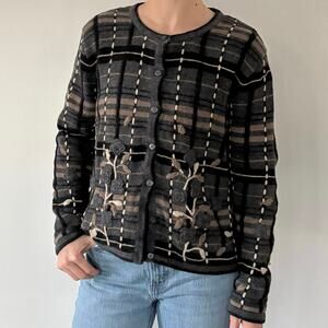 Vintage Knit Cardigan with Hand Embroidered Flowers Womens' Medium Cotton Blend
